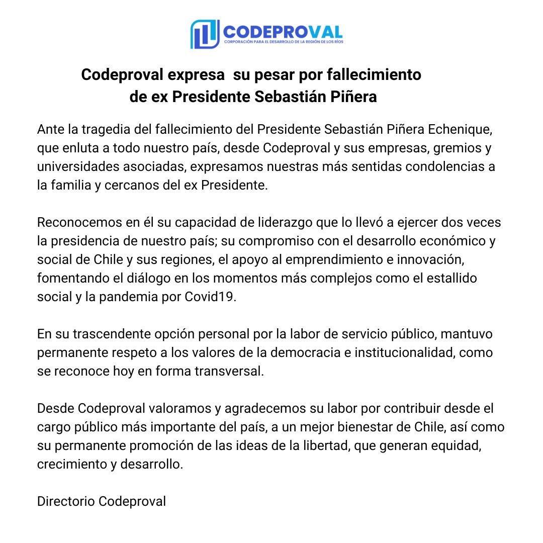 Codeproval expresa su pesar por fallecimiento de ex Presidente Sebastián Piñera